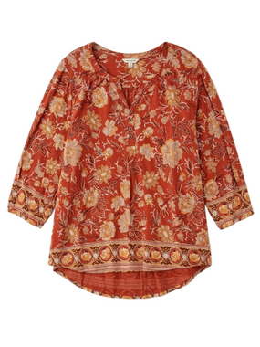 Lucky Brand Red Orange Floral Boho Peasant Top Henley Blouse Plus Size 2X